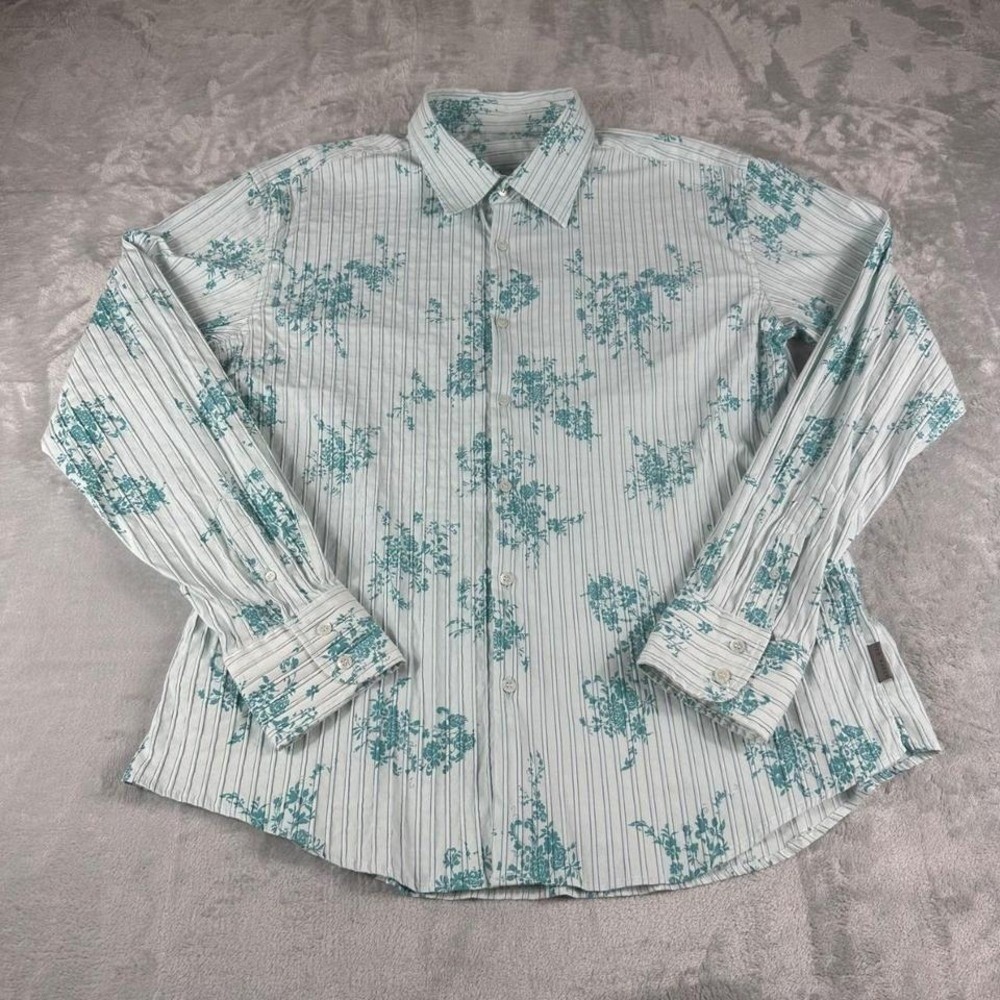 Ted Baker Button Up Shirt Men 4 White Teal Floral Striped Cotton Skinny Fit